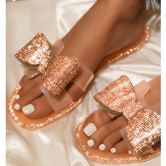 Shoes - Jelly Bow Sandals in Nude/Rose Gold